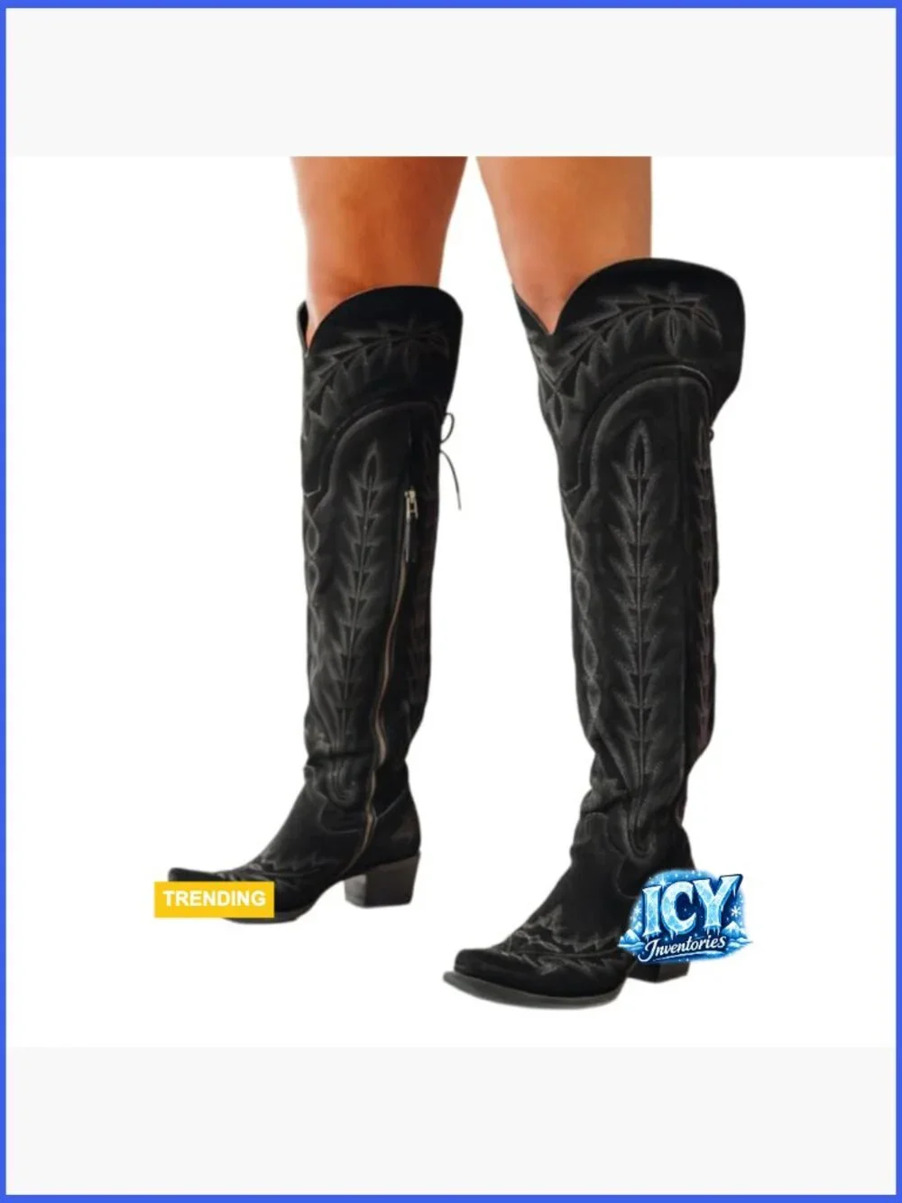 Thigh High Wide Calf Embroidered Western Cowboy Boots Chunky Heel
